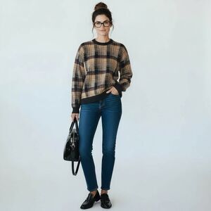 LANDS’ END  Vintage Women’s Tartan 100% Shetland Wool Plaid Sweater Size Medium